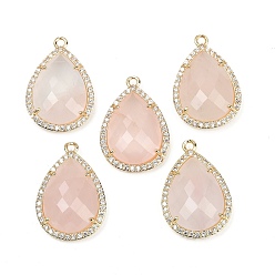 Розовый Кварц Ограненные подвески из натурального розового кварца, стойка покрытие латунь микропаве прозрачный кубический цирконий каплевидные подвески, золотые, 24.5x16.5x6.5 мм, отверстие : 1.6 мм