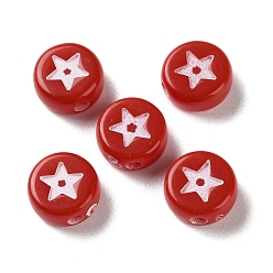 Red Spray Printed Opaque Acrylic Beads, Flat Round & Star, Red, 7x3.5mm, Hole: 1.4mm, about 4000pcs/500g