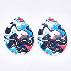 Colorful Printed Wooden Big Pendants, Dyed, teardrop, Colorful, 64.5x46x2.5mm, Hole: 1.2mm
