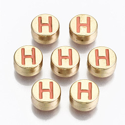 Letter H Legierung Emaille-Perlen, cadmiumfrei und bleifrei, flach rund mit Anfangsbuchstaben, Licht Gold, Licht Lachs, letter.h, 8x4 mm, Bohrung: 1.5 mm