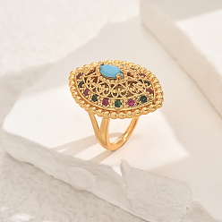 Разноцветный Геометрические полые латунные микропаве регулируемые кольца для женщин, лошадиный глаз , золотые, красочный, 31x20 мм, внутренний диаметр: регулируемый