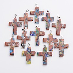 Camel Cross Handmade Millefiori Glass Pendants, with Platinum Tone Brass Findings, Camel, 42~46x29~33x4~6mm, Hole: 4x5mm