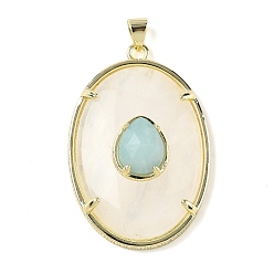 Хрусталь Подвески из натурального кварцевого кристалла и цветочного амазонита, овальные подвески с латунной оправой, золотые, 38x25.5x10 мм, отверстие : 4x3.5 мм