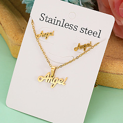 Слово Ожерелье с подвеской из нержавеющей стали и серьга-гвоздик, золотые, Слово ангел, 13x7 мм и 420 мм