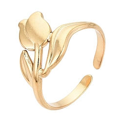 Chapado en Oro Real 18K 304 brazaletes abiertos de acero inoxidable para mujer, flor, revestimiento de iones (ip), acabado pulido espejo, real 18 k chapado en oro, 13 mm, diámetro interior: 18 mm