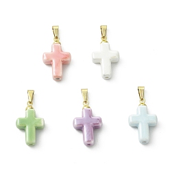 (52) Непрозрачная лаванда Фарфора ручной работы подвески, крест прелести, с 304 стали и латуни выводы из нержавеющей, серебряные, разноцветные, 21x13x5.8 мм, отверстие : 3 мм