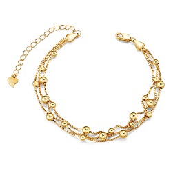 Real 18K Gold Plated 925 Sterling Silver Multi-strand Bracelets, Box Chain with Beads, with S925 Stamp, Real 24K Gold Plated, 6-1/2 inch(16.5cm)