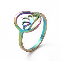 Rainbow Color Ion Plating(IP) 201 Stainless Steel Oval with Crown Finger Ring, Hollow Wide Ring for Women, Rainbow Color, US Size 6 1/2(16.9mm)