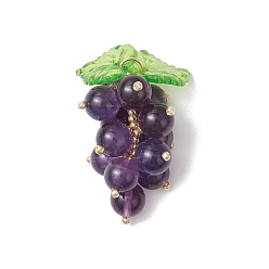 Аметист Подвески-фрукты из натурального аметиста ручной работы, круглые, из бисера, подвески в виде винограда с 304 петлями из нержавеющей стали, золотые, 39x23x23 мм, отверстие : 4 мм