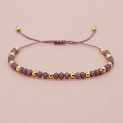 Сливовый Браслеты из плетеных бусин из круглых стеклянных и латунных бусин, регулируемые плетеные браслеты из волоконного шнура для женщин, золотые, слива