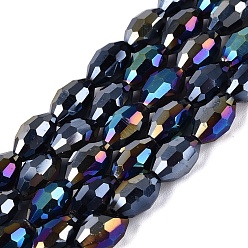 Black Electroplate Opaque Solid Color Glass Beads Strands, Rice, AB Color Plated, Faceted, Black, 8~8.5x5.5~6mm, Hole: 1~1.2mm, about 67~68pcs/strand, 21.46~22.24 inch(54.5~56.5cm)