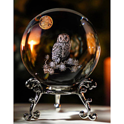 Сова Внутренняя резьба по стеклу, хрустальный шар, украшение для диаплея, пресс-папье с металлической подставкой, домашний декор по фэншуй, сова, 60 мм
