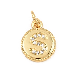 Letter S Breloques en laiton zircon cubique transparent, rond plat avec breloques en forme de lettre, plaqué longue durée, sans plomb et sans cadmium, crémaillère plaquage, réel 18 k plaqué or, lettre s, 12.5x10x1.5mm, Trou: 3mm