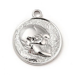 Нержавеющая Сталь Цвет Не тускнеющие 201 подвески из нержавеющей стали, плоские круглые с черепом, цвет нержавеющей стали, 23.5x20x3 мм, отверстие : 2.5 мм