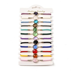 Плоский Круглый 12шт 12 цвета полиэстер браслеты, латунные стеклянные звенья ювелирные изделия для женщин, разноцветные, плоско-круглые, 7-5/8 дюйм (19.5 см), удлинитель конца: 58 мм