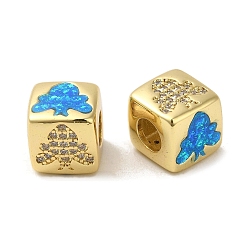 Дерево Стойки обшивки латунь микро проложить кубического циркония бусы, с синтетическим опалом, без кадмия и без свинца, долговечный, реальный 18 k позолоченный, квадратный, бусины с большим отверстием, Европейская, дерево, 10x9.5x10 мм, отверстие : 5 мм