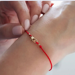 Red Good Lock Polyester String Bracelets with Brass Spring Ring Clasps for Women, Golden, Red, 7.28 inch(18.5cm)