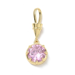 Pink Латунь стекло горный хрусталь подвески, одиночные каменные прелести, плоские круглые прелести, долговечный, стойки покрытие, реальный 18 k позолоченный, розовые, 31 мм, отверстие : 8x5 мм