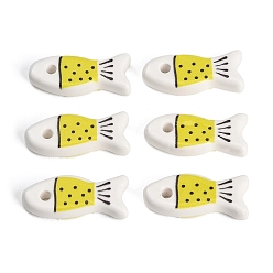 Yellow Printed Handmade Porcelain Pendants, Fish Charms, Yellow, 26.5x11x6.5mm, Hole: 2.5mm
