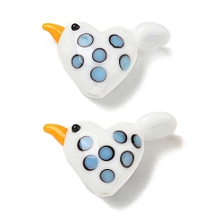 Blanc Perles lampwork, perles au chalumeau, faits à la main, cœur avec oiseau et pois, blanc, 16x27.5x10.5mm, Trou: 1.2mm