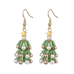 Золотой Болтающие серьги из стекла, с латунными крючками для серег и бусинами из ракушечного жемчуга, рождественская елка, золотые, 52x16 мм