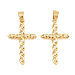 Real 18K Gold Plated Easter Brass Micro Pave Clear Cubic Zirconia Pendants, Twisted Cross Charms, Real 18K Gold Plated, 28x17x3mm, Hole: 5x3mm