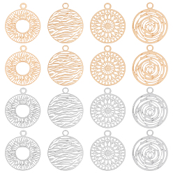 Platinum & Light Gold 80шт. 4 стильные долговечные позолоченные латунные филигранные подвески, плоский круглый шарм, платина и светлое золото, 14x12x0.3 мм, отверстие : 1.2 мм, 10 шт./металл