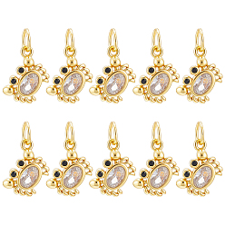 Golden 10Pcs Brass Micro Pave Clear Cubic Zirconia Pendants, Crab Charms, Long-Lasting Plated, Cadmium Free & Lead Free, with Jump Ring, Golden, 15x11.5x3mm, Hole: 2.5mm
