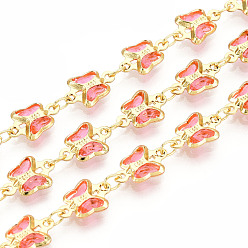 Светло-Коралловый Латунные стеклянные цепочки-подвески в виде бабочек, пайки, с катушкой, золотые, свет коралловый, 10.5~11x7x2 мм, около 32.81 футов (10 м) / рулон