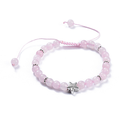 Rosenquarz Verstellbare natürliche Rosenquarz geflochtene Perlenarmbänder, mit Nylonschnur und Legierungszubehör, Seesterne / Seesterne, 2-1/8 Zoll ~ 3-1/8 Zoll (5.5~8 cm)
