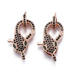 Розовый Позолоченный Латунная застежка-клешня с микропейвом черного и зеленого цвета с кубическим цирконием, долговечный, с прыжковых колец, форма змеи, Настоящее розовое золото покрыто, 23x12.5x7 мм