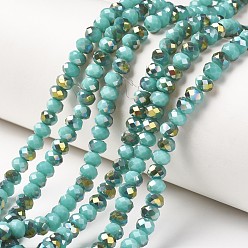 Turquoise Electroplate Opaque Glass Beads Strands, Half Green Plated, Faceted, Rondelle, Turquoise, 4x3mm, Hole: 0.4mm, about 130pcs/strand, 16.54 inch(42cm)