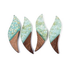 Средний Бирюзовый Большие подвески из непрозрачной смолы и орехового дерева, лист прелести, с блестящей пудрой и золотой фольгой, средне бирюзовый, 51~51.5x15x3.5 мм, отверстие : 1.8 мм