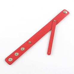 Red Imitation Leather Cord Snap Bracelets, Platinum, Red, 200x18mm, short Cord: 8mm 