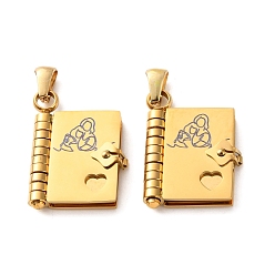 Golden 304 Stainless Steel Pendants, Book with Mom & Child  Charms, Polished, Ion Plating(IP), Golden, 25x18x4.5mm, Hole: 5.5x2.5mm