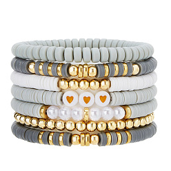 Светло-серый 7 Набор эластичных браслетов для женщин с узором в виде сердечек из полимерной глины, пластиковых бусин и жемчуга, а также пластиковых бусин CCB., светло-серый, внутренний диаметр: 2.56~5.12 дюйм (6.5~13 см)
