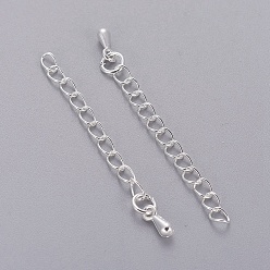 Silver Brass Chain Extender, with Curb Chains and Teardrop Charms, Cadmium Free & Nickel Free & Lead Free, Silver Color Plated, 40~58x3mm, Link: 4x3mm