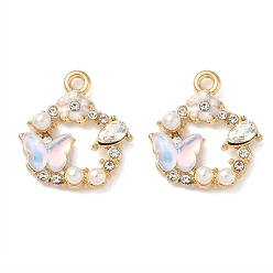 Светло-Голубой Подвески из сплава и страза, бабочка, с абс пластмассовой имитационной жемчужиной, золотой свет, без кадмия, без никеля и без свинца, стойки покрытие, Небесно-голубой, 19.5x18x4 мм, отверстие : 1.8 мм