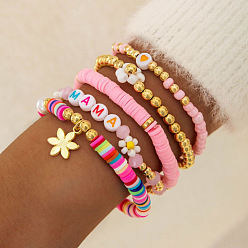 Цветок 5шт. 5 стили браслетов на День матери из акрила, пластика CCB и полимерной глины с бусинами, эластичные браслеты, браслеты с подвесками из сплава для женщин, разноцветные, цветок и слово мама, внутренний диаметр: 2.17 дюйм (5.5 см)