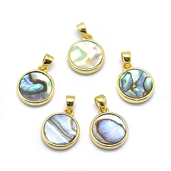 Light Cyan Shell Pendants, with Golden Tone Brass Findings, Flat Round, Light Cyan, 14x11.5x2.5mm, Hole: 3x3.5mm