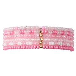 Pink 6Набор эластичных браслетов из стекла и латуни с бисером, штабелируемые браслеты, розовые, внутренний диаметр: 2-1/4 дюйм (5.7 см), 6 шт / комплект