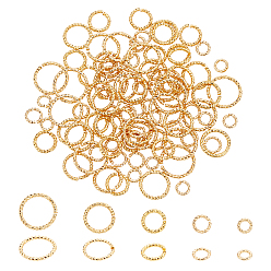Настоящее золото 18K 100шт 5 стили латунные открытые соединительные кольца для плетения кольчуги, алмазная огранка текстурированная круглая, реальный 18 k позолоченный, 5~12x1~1.2 мм, внутренний диаметр: 3~10 мм, 20 шт / стиль
