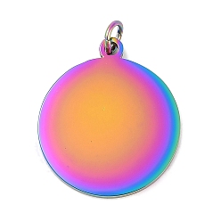 Rainbow Color Ионное покрытие (ip) 304 подвески из нержавеющей стали, с целью перехода в кольце, плоский круглый шарм, пустая бирка с зеркальной полировкой, Радуга цветов, 22.5x20x1.5 мм, отверстие : 3.5 мм