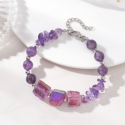 Аметист Браслеты из натуральных аметистовых бусин для женщин, круглый картофель фри и наггетсы, 7.05 дюйм (17.9 см)