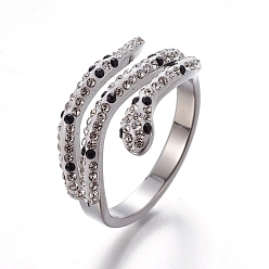 Нержавеющая Сталь Цвет 304 палец кольца из нержавеющей стали, с полимерной глиной горный хрусталь, змея, кристалл и струя, цвет нержавеющей стали, Размер 6~9, 16~19 мм