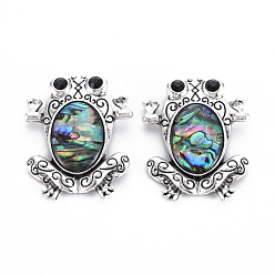 Раковина Брошь в виде лягушки из натурального панциря пауа, булавка на лацкан из сплава с петлей для рюкзака, одежда, кулон, ювелирные изделия, без кадмия и без свинца, античное серебро, 46x38x10~15 мм, отверстие : 4x5.5 мм, штифты : 0.7 мм