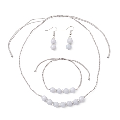 Платиновый & Серебристый Комплект из ожерелья, браслета и сережек с имитацией аквамарина и круглого натурального халцедона, с нейлоновой нитью, Латунные крючки для сережек, Платина и серебро, 1.57x0.33 дюйм (40x8.5 мм)