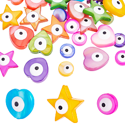Mixed Color 30Pcs 3 Style Natural Freshwater Shell Beads, with Enamel, Double-Faced, Dyed, Evil Eye, Heart & Star & Flat Round, Mixed Color, 10pcs/style