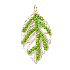 Зеленый Подвески из стеклянных бусин ручной работы в форме листьев, с 304 кольцами из нержавеющей стали и латунными подвесками, зелёные, 34.5x19.5x2.5 мм, отверстие : 3 мм