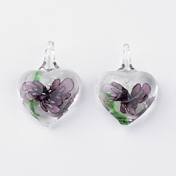 Серо-розавый  Сверкающие кулоны лэмпворк ручной работы, с внутренним цветок, сердце, увядшая роза, 27~33x21~23x9~11 мм, отверстие : 4~7 мм